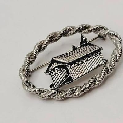 Silver Tone Covered Bridge Pin Brooch