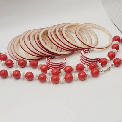 Red White Lucite Plastic Costume Jewelry 