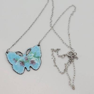 Enamel Butterfly on Sterling Chain Necklace Vintage 