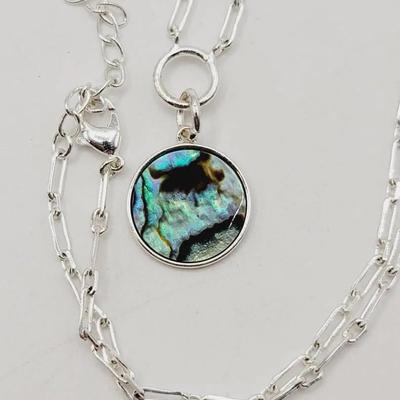 Silver Tone Abalone Disc Pendant Necklace 