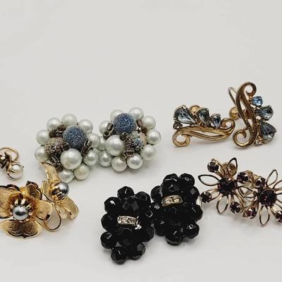 Costume Earrings 6 Pair 1 Is GF Glass Rhinestone Pearl Vintage 