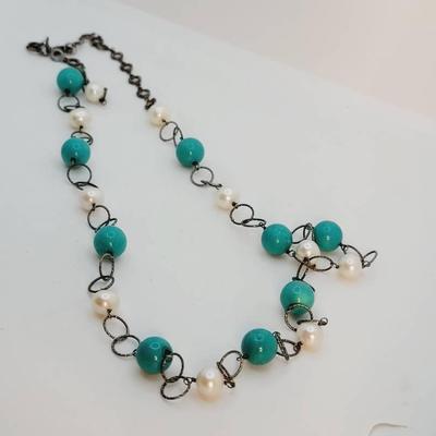 Sterling Pearl Turquoise Artisan Chain Necklace 
