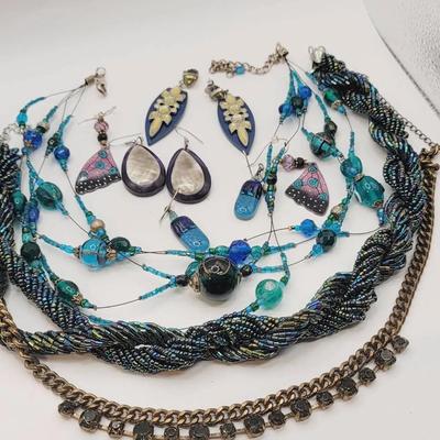 Blue and Green Boho Metal Glass and Shell Costume Jewelry Lot