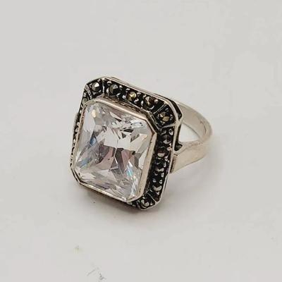 Sterling Deco Style M.T. 925 Crystal Marcasite Ring Sz 6