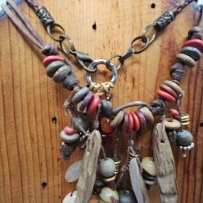 Wooden and Leather Beaded Necklaces Lot Of 2