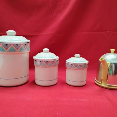 1940's Hall Teapot With Cozy And (3) Sango Stoneware Canisters 