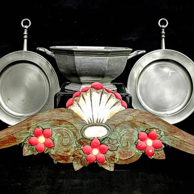 Colonial Pewter Bowl, Pewter Wall Sconces & Hand-Carved Floral Pediment