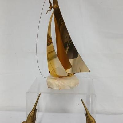 Vintage Hand Signed Brass Boat & Brass Marlin Bookends