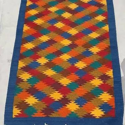 100% Wool Rug w Multi-colored Design and Blue Border