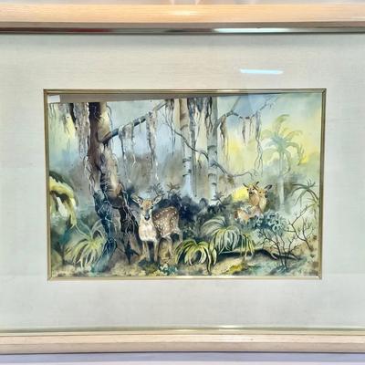 Framed Original Watercolor Painting — Deer in a Misty Jungle Scene