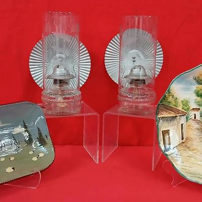 Vintage Kerosene Wall Lamps & Folk Art Pottery