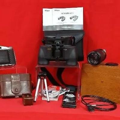 Agfa Folding Camera, Nikon Binoculars, Sakar Zoom Lens + Accessories