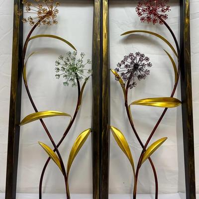 (2) Framed Metal Floral Wall Art Handcrafted 3D Botanical Sculptures w/Gold Accents