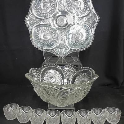 Pressed Glass Punch Bowl Set with Matching Cups & Serving Tray