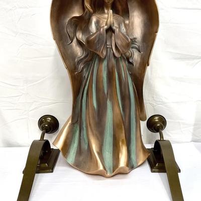 25” Ceramic Praying Angel Statue w/Pair of 19.5” Metal Wall Candle Sconces – Bronze & Verdigris F