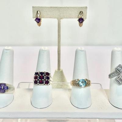 Sterling Silver & Gemstone Jewelry – 4 Rings & Purple Sapphire Earrings