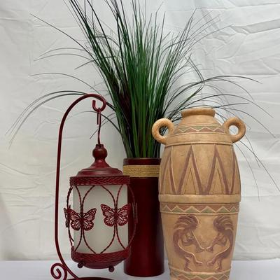 Southwestern Decor Lot – Kokopelli Pottery Vase, Butterfly Lantern, and Tall Grass Arrangement