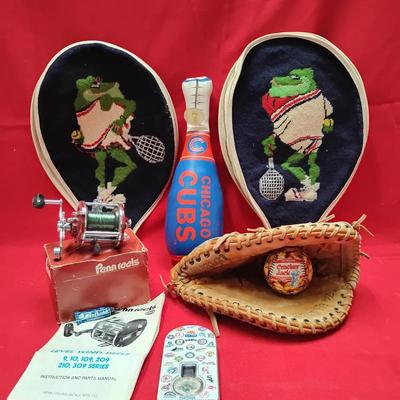 Vintage Sports & Fishing Lot Penn Reel, + Cubs Memorabilia, Tennis Racket Covers, & More! 