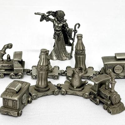 Vintage 1995 Coca-Cola Pewter Train Set w/ Polar Bears, Coke Bottles, Wizard, Coke Tray