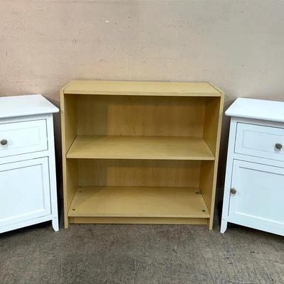 White Bedside Tables + Small Wooden Bookshelf