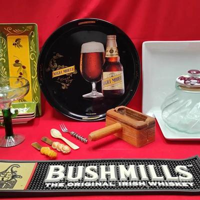 Barware & Entertaining Lot: Bushmills, Negra Modelo, Serving Dishes, and More!