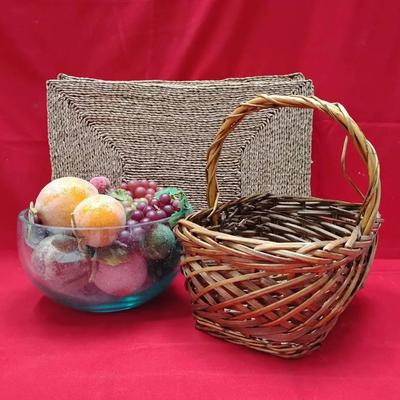Home Decor & Rustic Accents - Glass Bowl, Baskets, and Faux Fruit