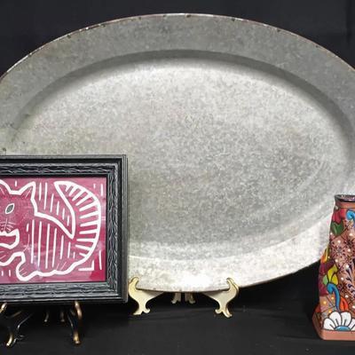 Panama Mola Textile, Galvanized Metal Serving Tray & Mexican Vase