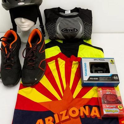 Complete Cycling Gear & Apparel Lot (Helmet, Shoes, Pedals, and 3 Jerseys)