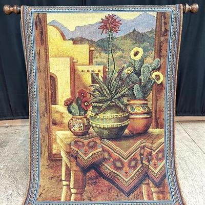 Southwestern Desert Scene Woven Tapestry Wall Hanging with Decorative Rod