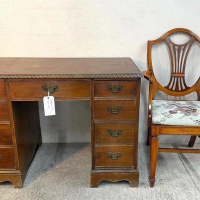 Vintage Writing Desk & Shield-Back Armchair Set