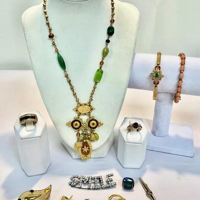 Vintage Gold-Tone Jewelry Collection – Rings, Brooches, Pendants & Art Deco Boho Necklace