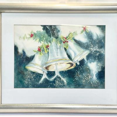 Original Framed Watercolor By N. Warga ‘84 “Holiday Bells With Holly” 