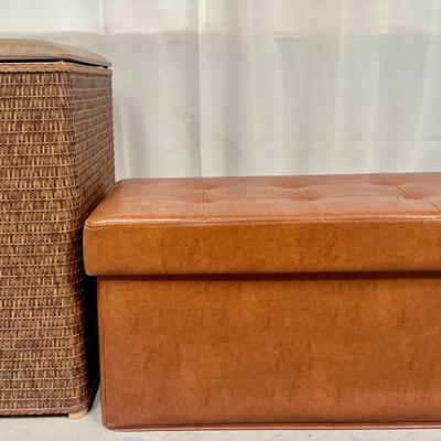 2-Piece Storage Trunk & Hamper Set – Faux Leather Ottoman + Wicker Hamper