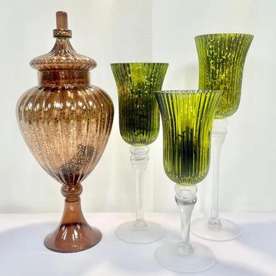 Decorative Glass Display – Amber Apothecary Jar & Three Green Lighted Centerpiece Vessels