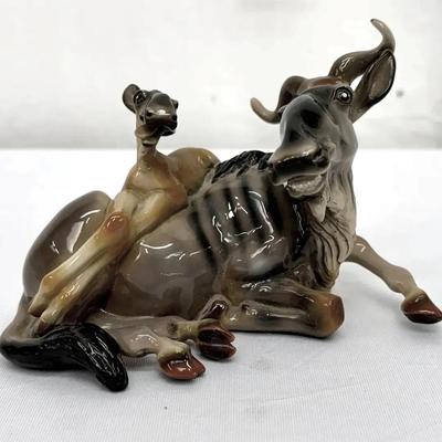 Elsa’s Safari by K. Cantrell – Hand-Painted Ceramic Wildebeest & Calf Figurine