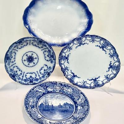 (4-Pc) Flow Blue & Transfeware Porcelain With Scalloped Edges 