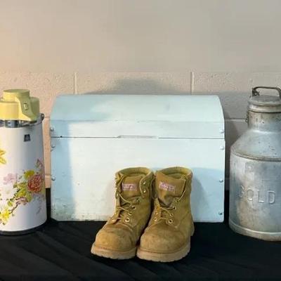 Vintage Milk Can, Vintage Outdoor Exchange Boots, & More