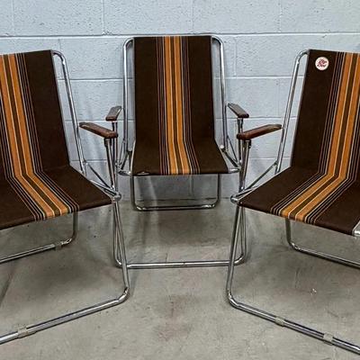 (3) Zip Dee Vintage Retro 70s Mid-Century Brown Striped Airstream RV Folding Lawn Chairs