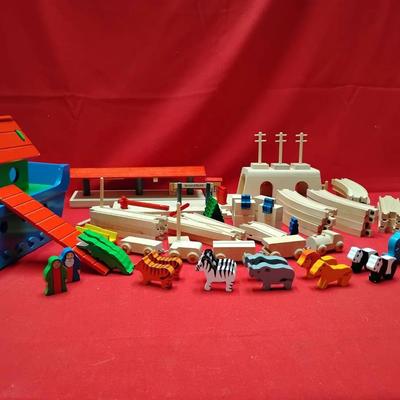 Wooden Toys Lot: T.C. Timber Train Set & Lanka Kade Noah's Ark 