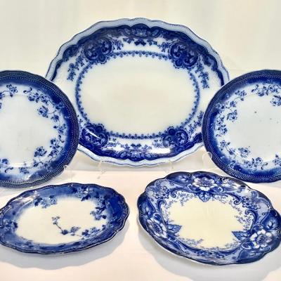 (5-Pc) Antique Flow Blue Porcelain Collection — Lugano And Johnson Bros