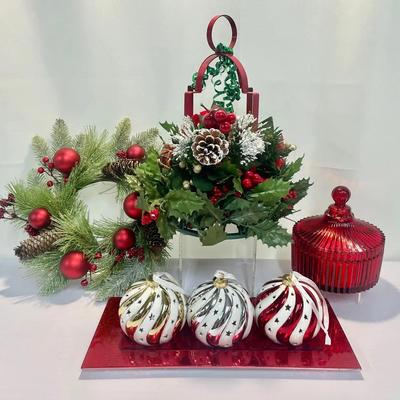 Festive Christmas Decor Lot – Lantern Centerpiece, Wreath, Ornaments & More