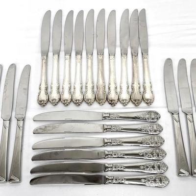 (26) Dinner Knives – Rogers Bros Reflection, Wallace Hotel Lux, Oneida Era