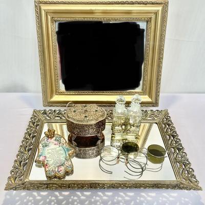 Antique Perfume Bottles in Ornate Brass Caddy – Vanity Set with Mirrored Tray, Gilt Trinket Box +