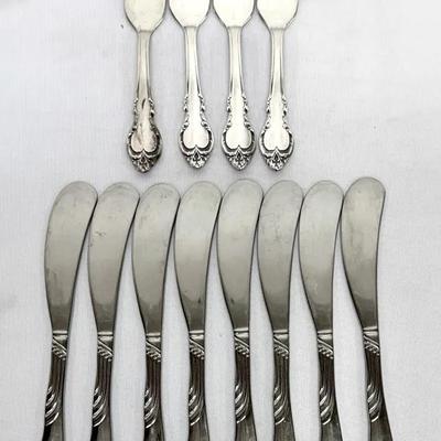 Holmes & Edwards Silver Fashion Cheese Knives (4) + Wm. Rogers/Oneida Encore Butter Knives (8)