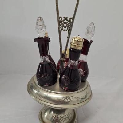 Vintage Ruby Red Glass Castor Set with Silver Plated Cruet Set