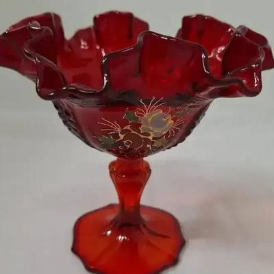 Fenton Ruby Red Floral Holiday Compote 