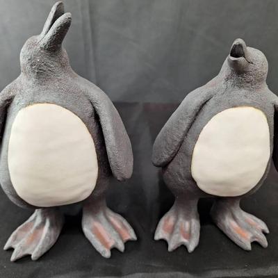 Set of 2 Sharon Stelter Ceramic Sculptures Penguins - 1 Signed 