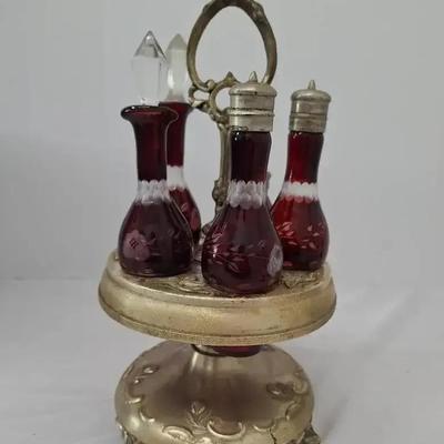 Vintage 1960's Light Ruby Glass Castor Set with Silver Plated Cruet Set