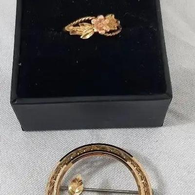 14k Black Hills Gold Ring 6.5 - 14k Overlay Rose Flower Pin 6g