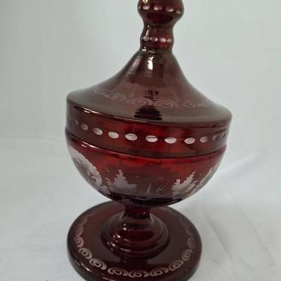 Bohemian Ruby Clear to Cut Covered Candy Dish 